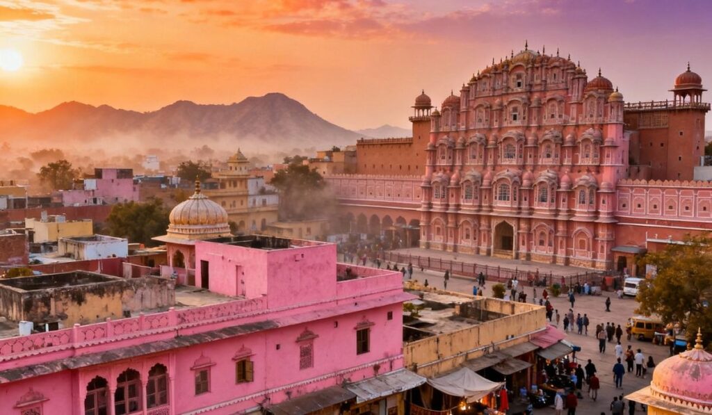  Hawa Mahal in Jaipur glowing at sunset during Golden Triangle Tour of India
