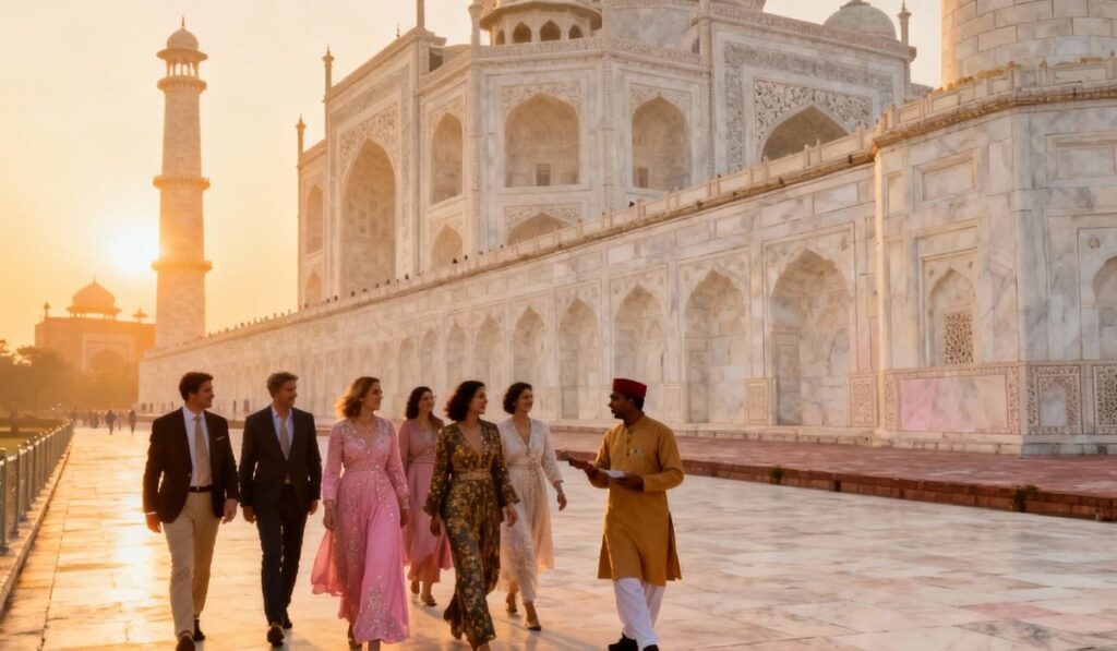 Tourists enjoying the Taj Mahal sunrise during a luxury Agra visit